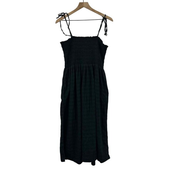 Aerie Women's Size Large Black Smocked Ribbed Midi Tie Strap Button Down Dress - Picture 3 of 16